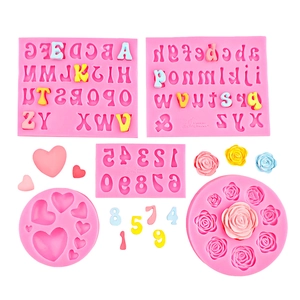 Pink silicone alphabet and heart fondant mold set for baking cakes and chocolates