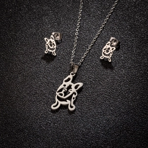 Stainless steel jewelry set featuring minimalist bulldog pendant necklace and stud earrings