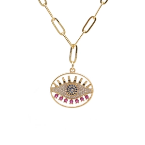 Gold paperclip chain necklace featuring Evil Eye pendant with pink gems and zircons