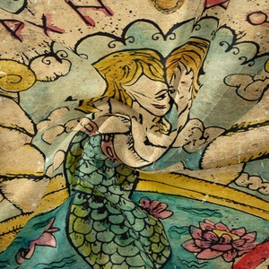 Detail of vintage tapestry fabric showing artistic mermaid illustration and fine texture