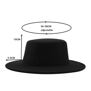 Black wool felt flat brim boater hat with adjustable 56-58cm head circumference size