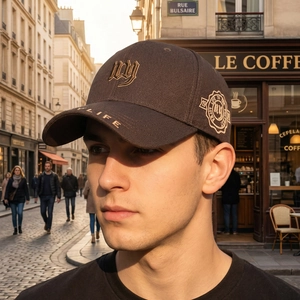 Chocolate brown baseball cap with 3D embroidery on street background scene