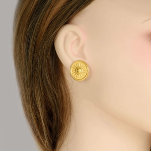 Minimalist 304 stainless steel gold sun stud earrings worn on model for style display
