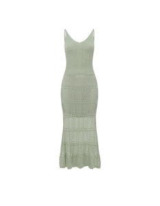 Detail of the sage green hollow-out knit texture on the V-neck beach maxi dress