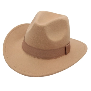 Klassischer Cowboyhut aus kamelfarbenem Wollfilz mit braunem Hutband für Damen und Herren