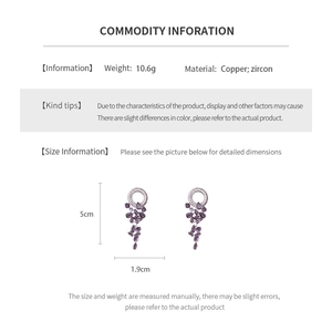 Detailed size specifications for purple zircon drop earrings with 5cm height measurement