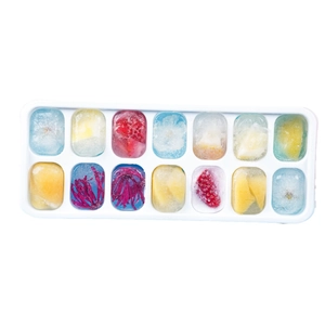 14-grid white silicone ice cube tray with lid featuring various fruit slices in ice