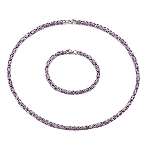 Purple and silver 4mm Byzantine chain necklace and bracelet set in stainless steel