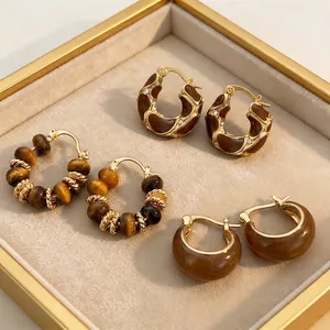 Vintage Gold Plated Copper Earrings Synthetic Tiger Eye Stone Retro Geometric Jewelry For Women With Silver Earring Post