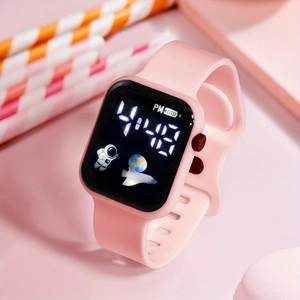 Pink square digital watch with cartoon astronaut design and soft silicone strap