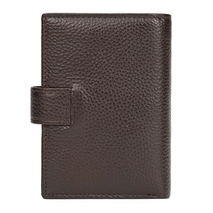 Detail of dark brown pebble grain leather wallet with snap closure and fine stitching