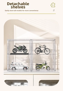 Detail of clear acrylic display case featuring removable tiers for blind box figures