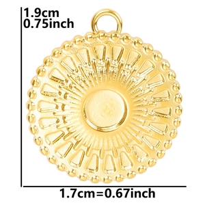 Detailed view of 18k gold plated sunburst pendant with 1.9cm height measurements