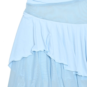 Detail of light blue mesh patchwork and layered ruffle design on the slim fit dress