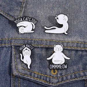 Cartoon ballet yoga cat enamel pins pinned on blue denim jacket for casual backpack decoration