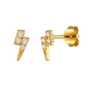 Close-up of S925 sterling silver gold lightning stud earrings with cubic zirconia