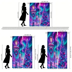 Size chart showing dimensions of Christmas velvet curtains with snowy landscape print