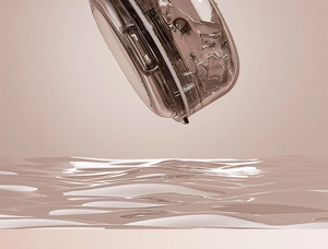 Detail of translucent dark brown protective case for AirPods Pro on fluid rose gold backdrop