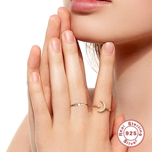 Elegant 925 sterling silver moon and star gold ring set with diamonds for women