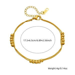 Double-layer stainless steel beaded chain bracelet in gold with 17.5+6.5cm length
