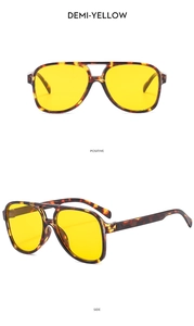 Detailed front and side views of demi-yellow aviator sunglasses with yellow lenses