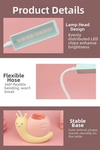 Detail of LED desk lamp with snail shape showing flexible neck and steady base