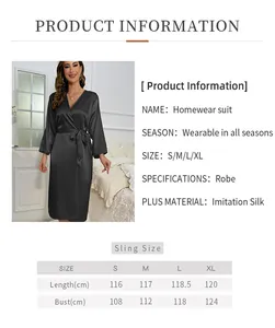 Detailed size chart for women's long silk robe with length and bust measurements