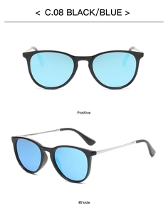 Detailed front and side view of kids oval sunglasses with black frames and blue lenses