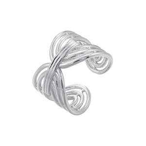 Detailed close-up of a silver irregular multi-layer woven fluid line ring design