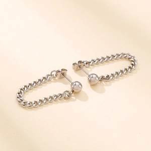 Polished silver stainless steel ball stud earring with Cuban link chain loop design