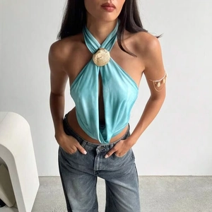 Sexy light blue satin halter crop top featuring a central golden seashell buckle accessory