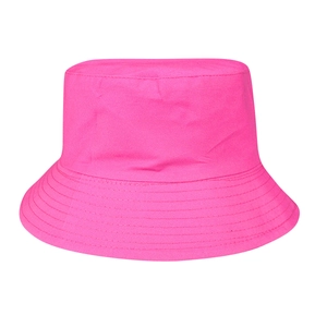 Detail view of a vibrant hot pink cotton bucket hat with a wide brim and rounded top design