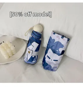Detail of light blue cartoon cat umbrella with matching storage pouch and cream handle