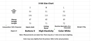Größentabelle für weißes Strickkleid mit Maßen für S, M, L und 100% Polyester Materialinfo