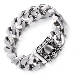 Polished stainless steel Cuban link bracelet for men with skull clasp design and punk style