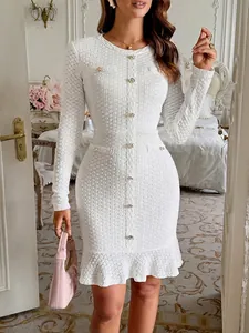 Women Knit Dress Long Sleeve Ruffle Hem Golden Buttons Elegant Slim Fit Bodycon Round Neck For Daily Office Party