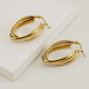 Chic triple-layered twisted gold hoop earrings for women in polished stainless steel