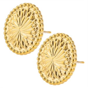 Macro view of round gold stainless steel stud earrings with sunburst texture and bead trim