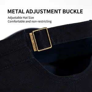 Flat top military cap featuring a vintage bronze metal buckle and adjustable cotton strap