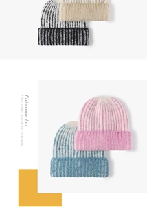 Detailed knit texture of multi-color striped winter beanies with thick ribbed cuffs