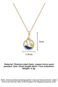 Detail showing titanium steel necklace with star pearl pendant and size specifications