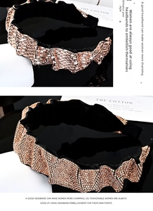 Macro detail of Baroque style padded headband with rose gold rhinestones and pleated velvet