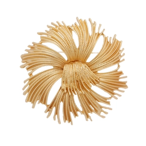Vintage French matte gold flower brooch with intricate braided texture and tassel details