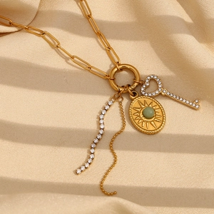 Sun Heart Key Pendant Necklace 18K Gold Plated Stainless Steel With Green Gemstone Rhinestone Tassel Paperclip Chain Women
