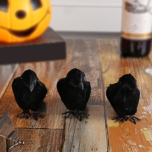 Set of 3 realistic black feathered crows for Halloween table decor and festive props
