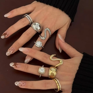 Stainless Steel Ring For Women Zircon Encrusted Irregular Geometric Wave Shape Cross Gold Plated Adjustable Jewelry