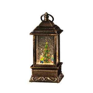 Vintage bronze Christmas lantern with LED lights, festive figurines, and swirling glitter