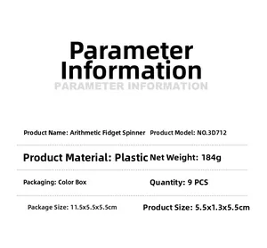 Detailed specification chart showing 5.5cm math fidget spinner dimensions and weight