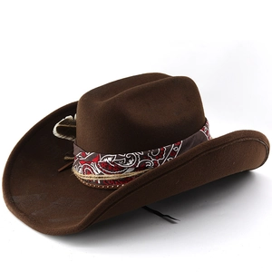 Dark brown wool felt western cowboy hat with paisley band and decorative feather detail