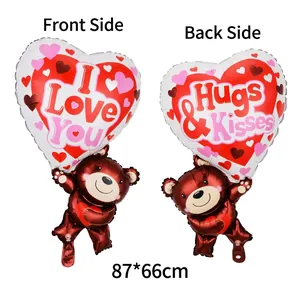 Front and back detail of 87x66cm teddy bear heart balloon with I Love You print